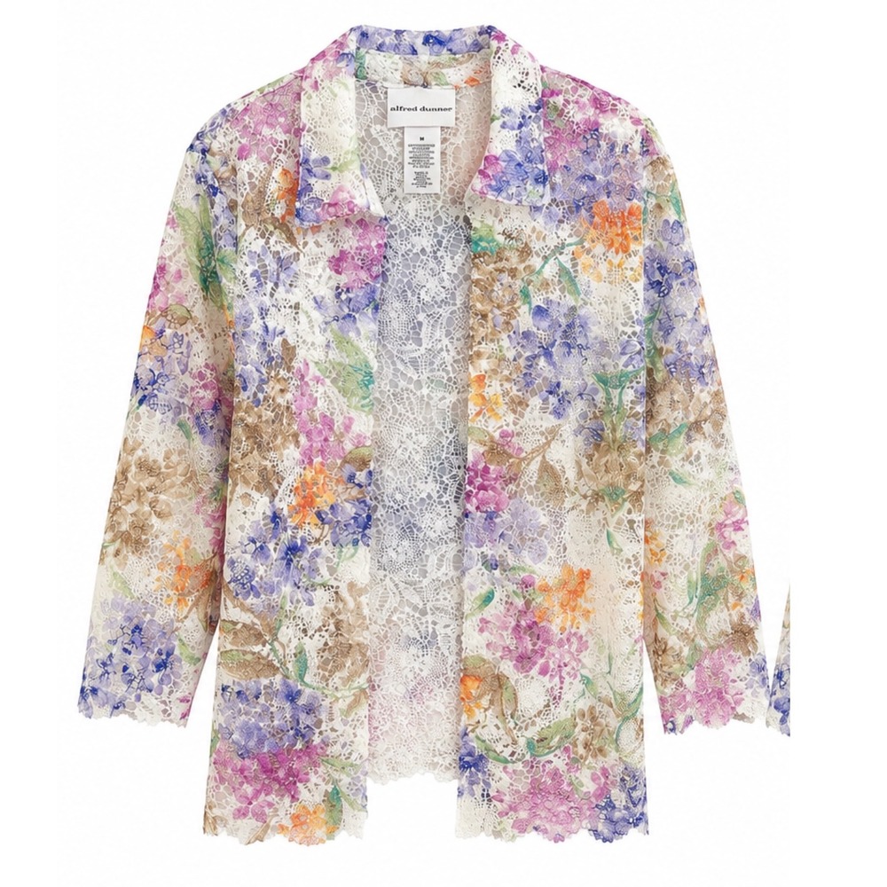 Alfred Dunner Nantucket Floral Lace Jacket Multi Color Open Front Topper Women M